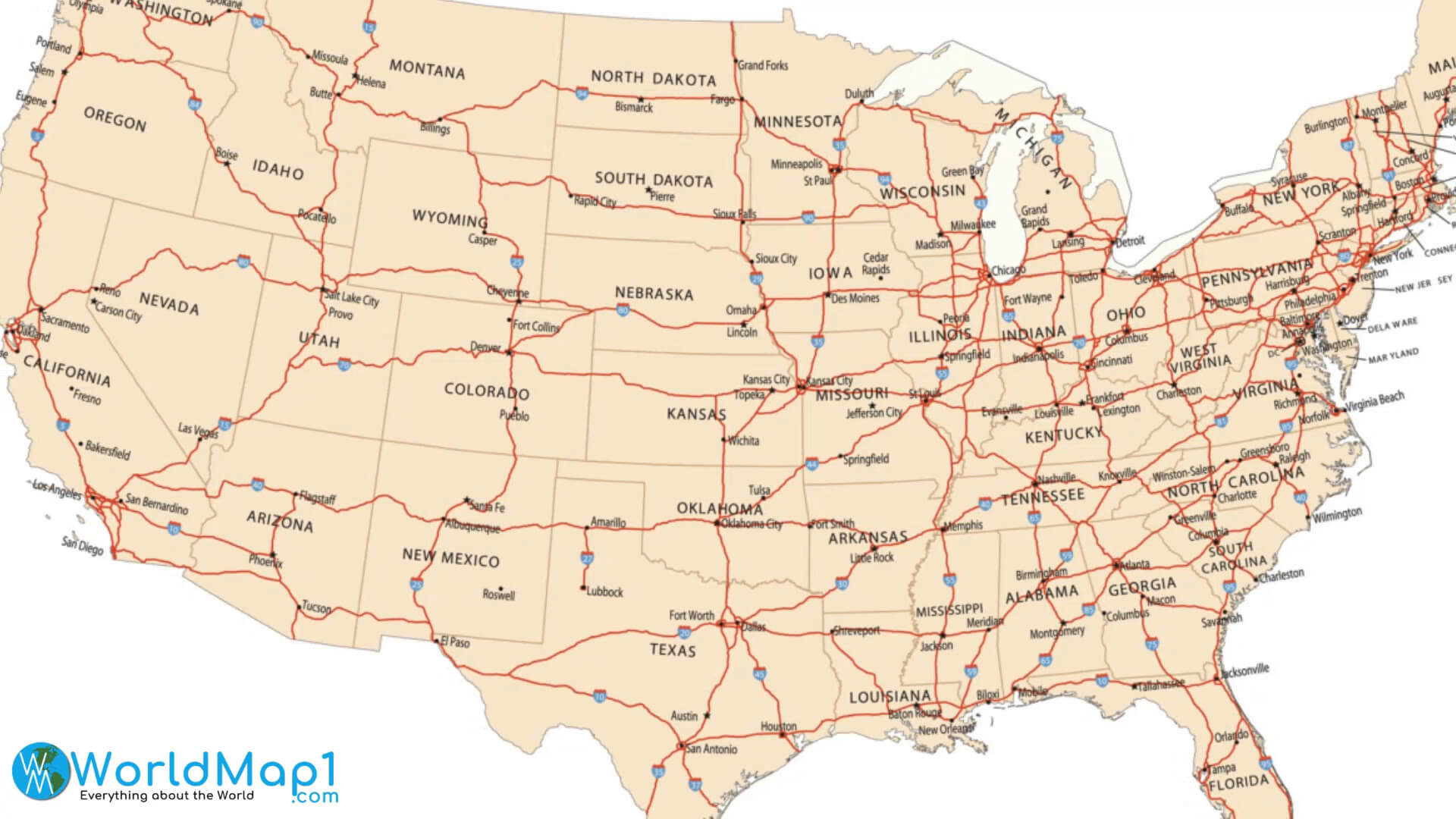 United States Map with Roads and Cities